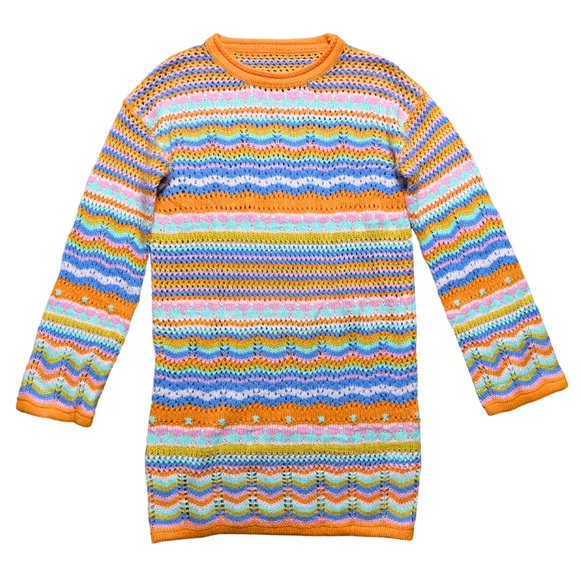 Rainbow Pastel Crochet Sweater Dress Small Openwork Knit Kawaii 70s Retro Unique - Picture 1 of 4